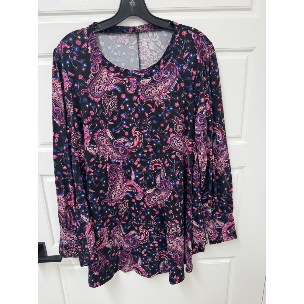 Lane Bryant Size 18/20 Black Pink Paisley Swing Top Long Sleeve Stretch Tunic